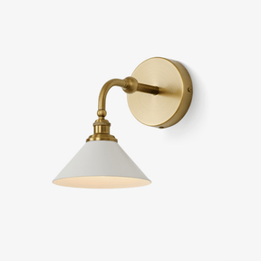 Brass wall sconce with a curved arm and a white cone shade, single light version