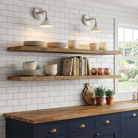 Two sconces above wood open shelves in a kitchen with a navy base cabinet