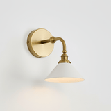 Front view of the single sconce with the white cone shade on a pale wall