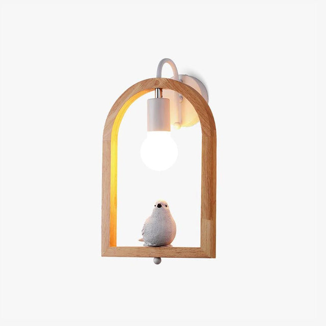 Wall sconce for nursery, an oak arch with a globe lamp and a small white bird