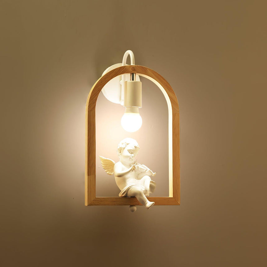 The winged figure lit against a warm ochre wall inside the oak arch