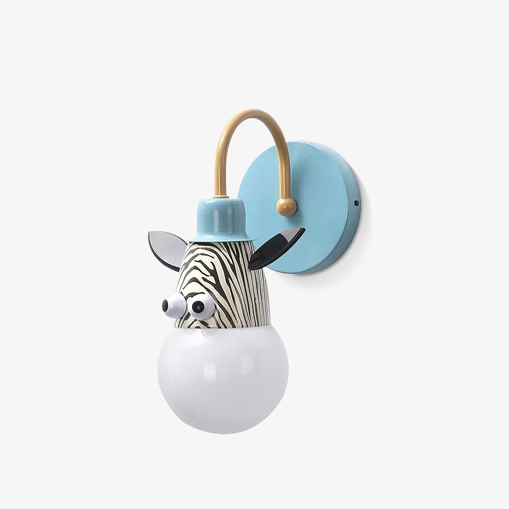 Kids wall lamp with a zebra head shade, a blue wall plate and a curved arm
