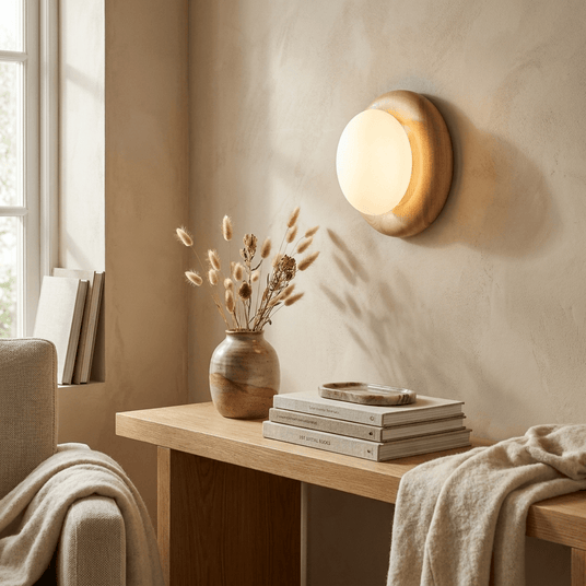 Sconce lit above a wood console with dried grasses, books and a folded throw