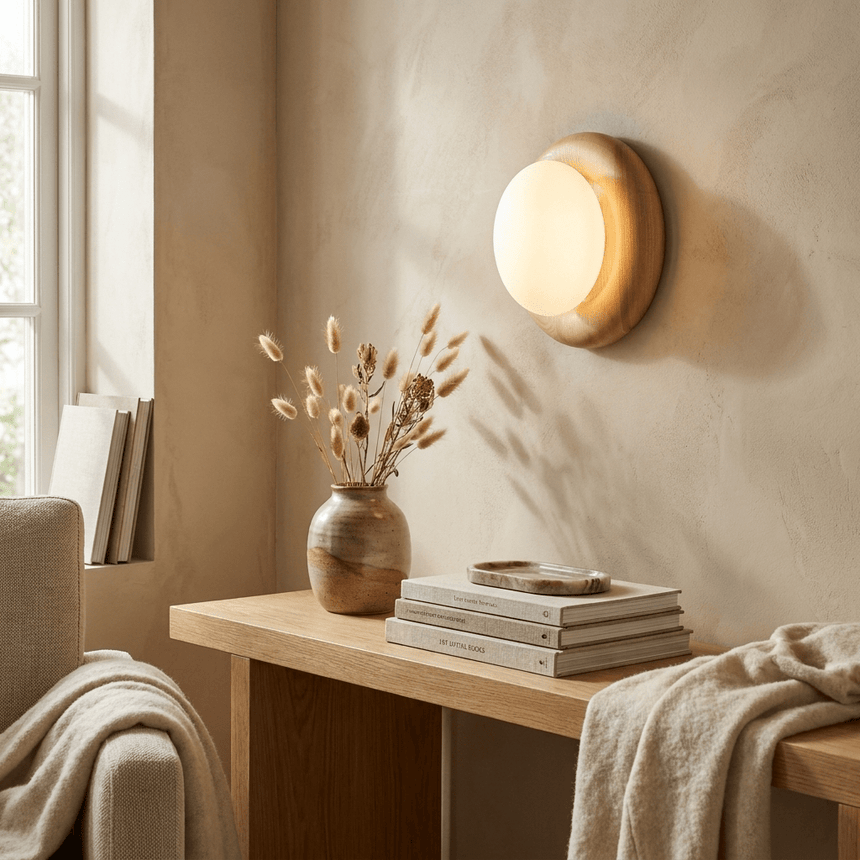 Sconce lit above a wood console with dried grasses, books and a folded throw