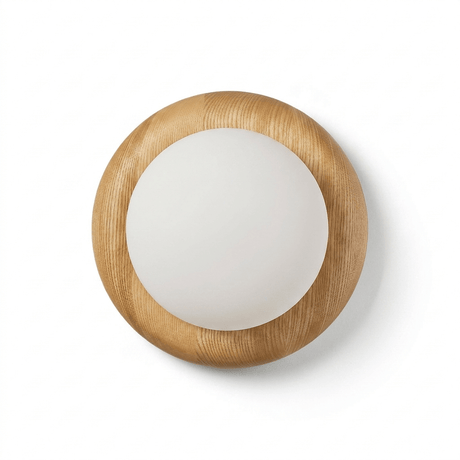 The open grain of the solid wood disk running around the frosted globe