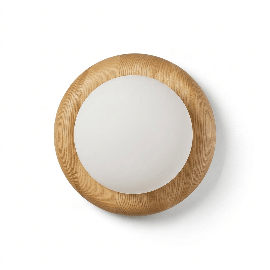 The open grain of the solid wood disk running around the frosted globe