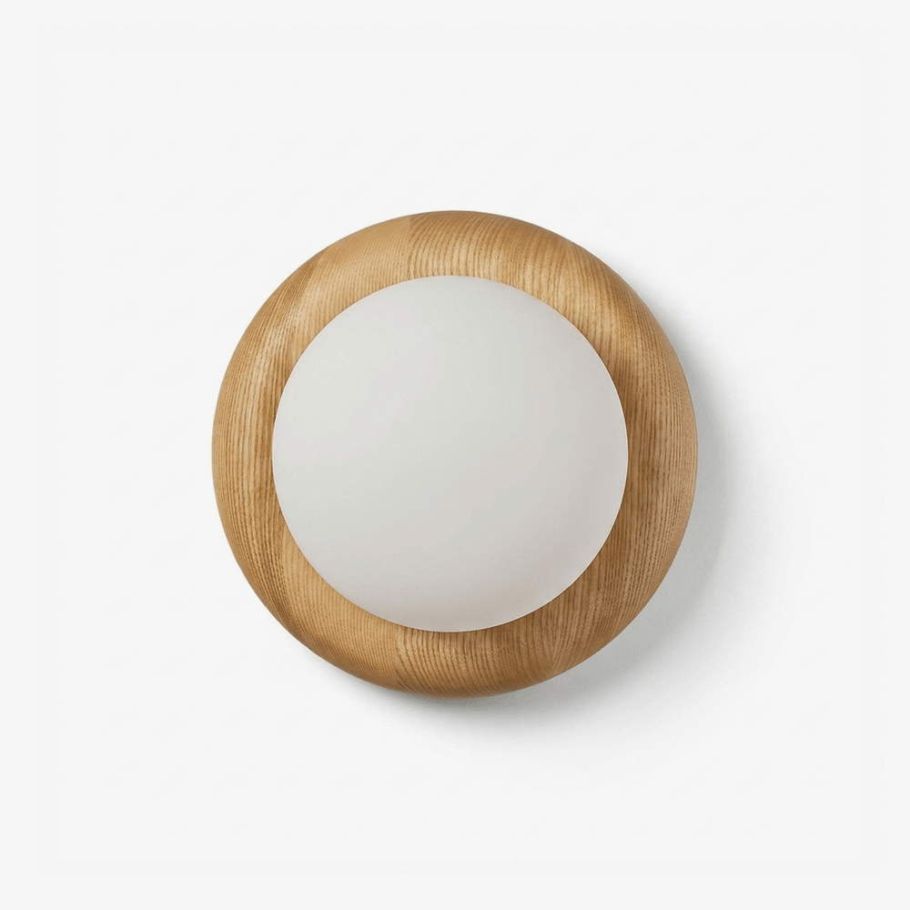 Wall sconce for staircase, a solid wood disk holding a frosted glass globe