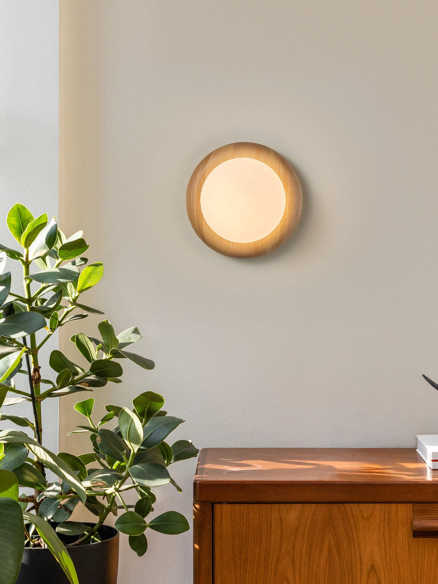 Sconce lit beside a tall plant above a wood chest of drawers in a pale room