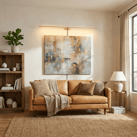 Slim rod lit above a framed canvas on a wall behind a tan sofa and a bookcase