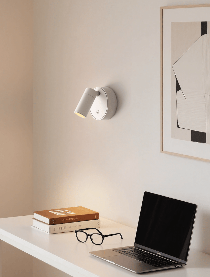 Lit above a desk with a laptop, books and glasses on a white worktop below