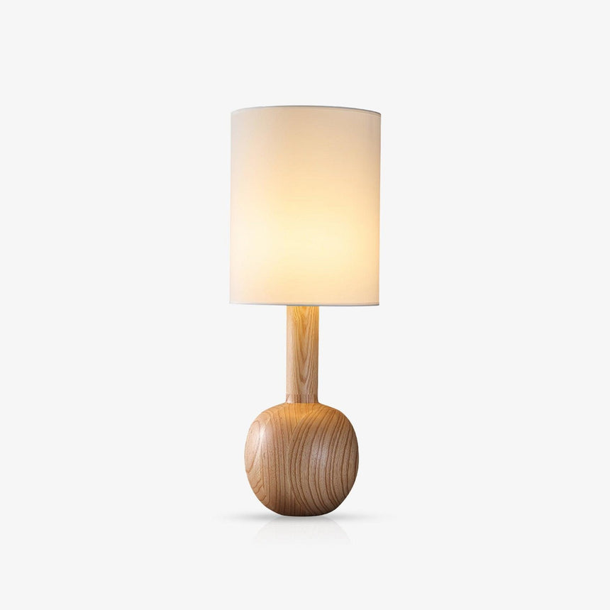Walnut table lamp with a wood sphere foot and a small fabric drum