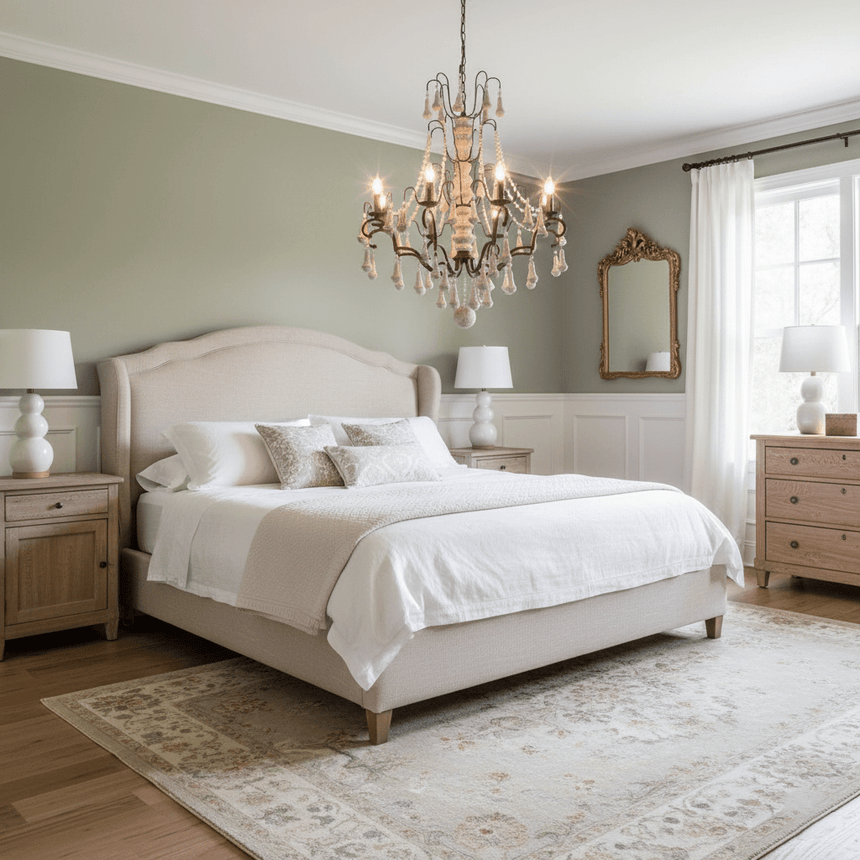 Lit in a bedroom above an upholstered bed with nightstands and a gold mirror