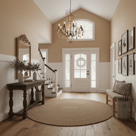 Hung in an entry hall above a round rug with a console, mirror and staircase