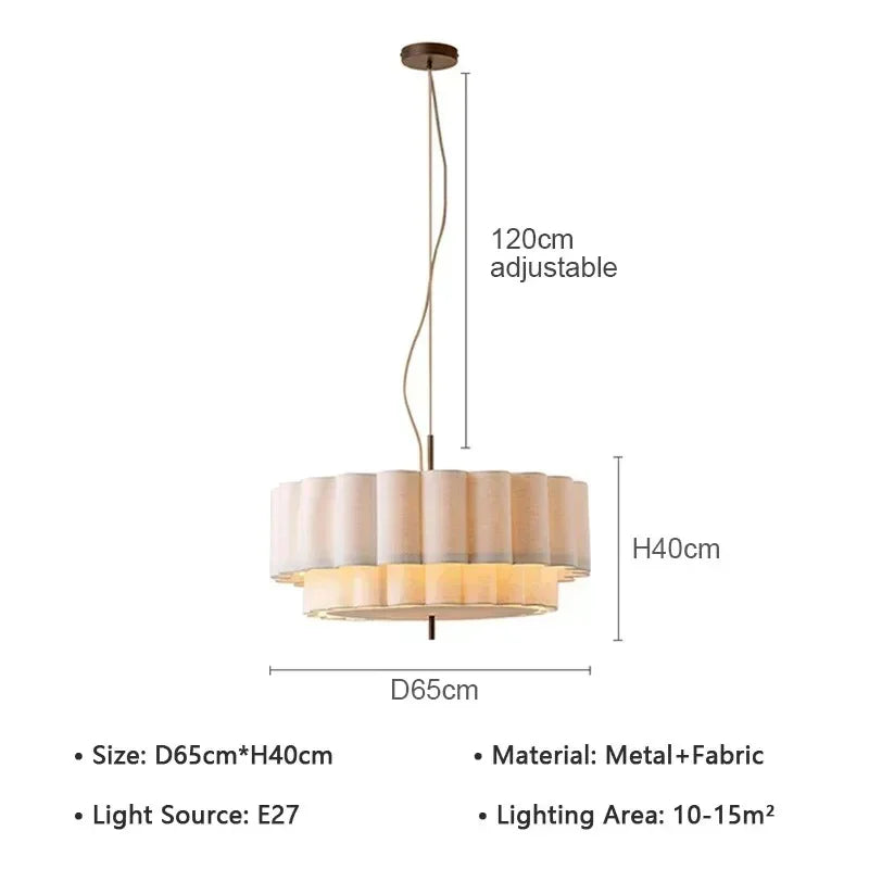 Dimension drawing of the 65 cm white drum pendant light, 40 cm tall on a 120 cm adjustable cord