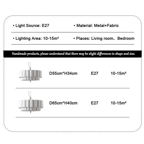 Specification card for the white drum pendant light, E27, metal and fabric, 10 to 15 square meters
