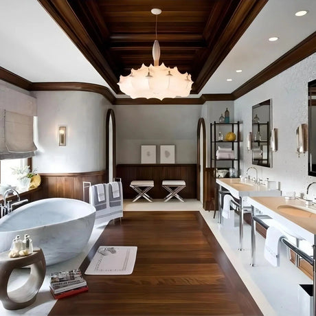 Layered silk pendant hung in a paneled room with a freestanding tub