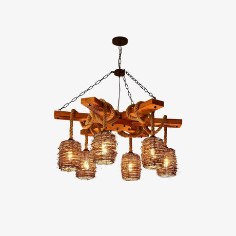The six shade version lit against a plain pale wall, rope coils looped over the timber beams