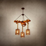 The three shade version lit against a warm toned background, rope coils over the timber beams