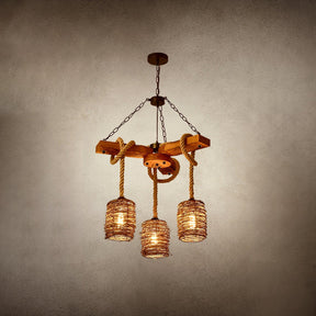 The three shade version lit against a warm toned background, rope coils over the timber beams