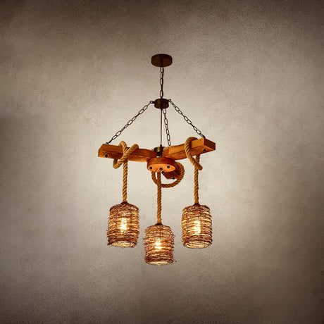 The three shade version lit against a warm toned background, rope coils over the timber beams