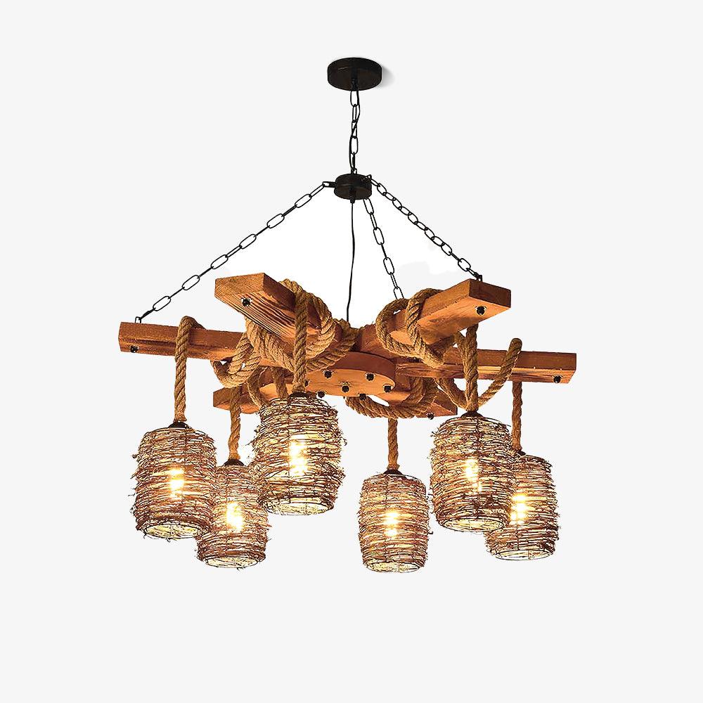 Crossed timber beams on chains carrying six woven wicker barrel shades