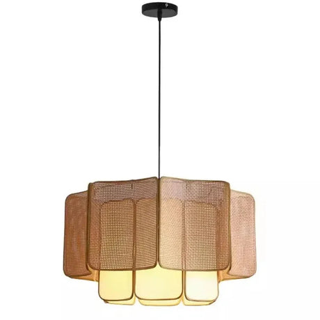 Natural wicker hanging lamp on a plain background, lit