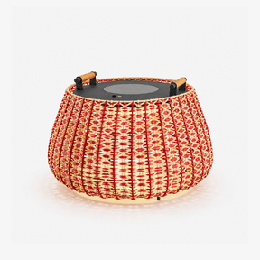 Wide woven lantern in red and natural cord with a gray solar lid