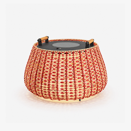 Wide woven lantern in red and natural cord with a gray solar lid