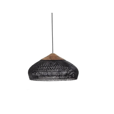 Black wicker flat dome shade photographed against white