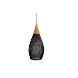 Black wicker teardrop shade photographed against white
