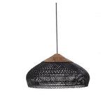 Black wicker wide dome shade photographed against white