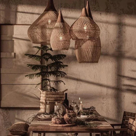 Cluster of wicker teardrops hung at staggered heights