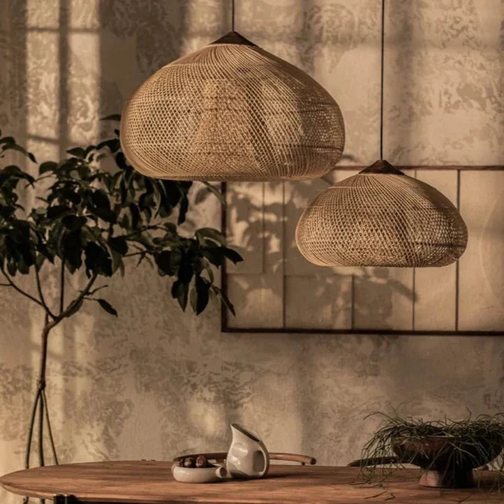 Natural wicker dome hung in a corner beside a plant