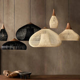 Black and natural wicker shades hung above a counter