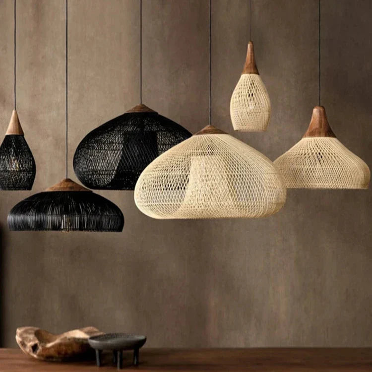 Black and natural wicker shades hung above a counter