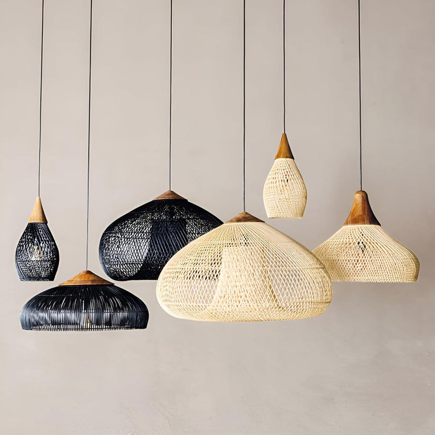 Black, natural and coffee beige wicker shades hung together