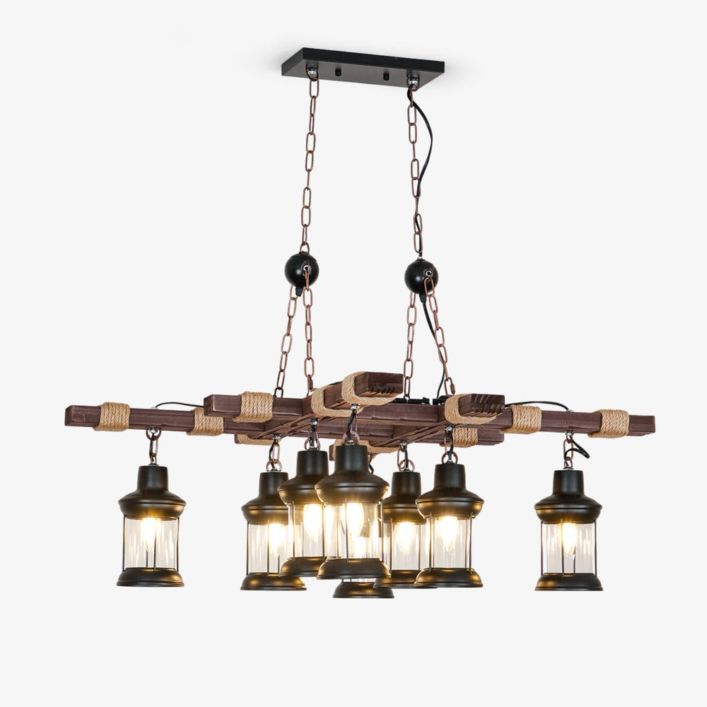 Two crossed wood beams carrying eight small caged glass lanterns on short drops