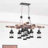The fitting switched off, black lantern cages hanging under the pale beams