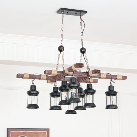 The fitting switched off, black lantern cages hanging under the pale beams