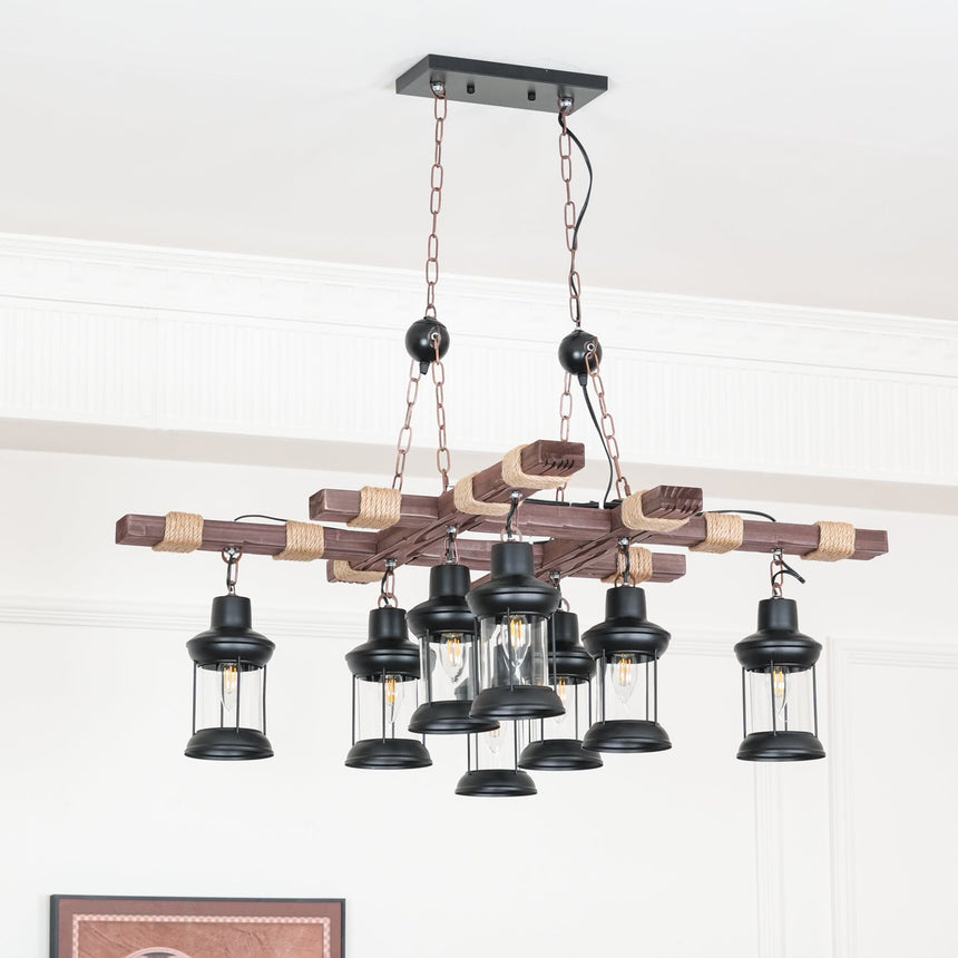 The fitting switched off, black lantern cages hanging under the pale beams