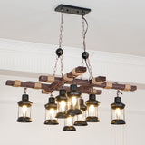 The fitting lit in a white paneled room, eight lanterns at two heights