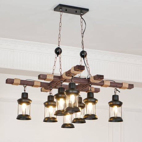 The fitting lit in a white paneled room, eight lanterns at two heights