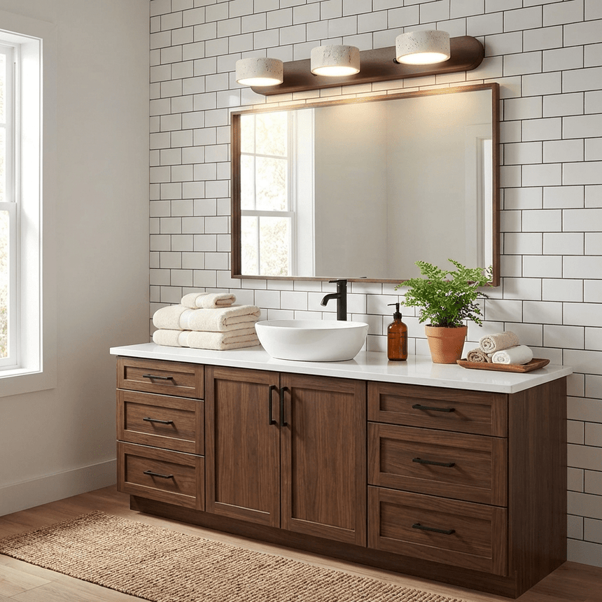 Four light travertine bar lit above a mirror over a wood vanity unit