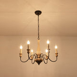 Seen from below against a warm ceiling, the six bulbs bright around the column