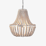 A basket shaped chandelier of pale wooden bead strands curving from rim to base