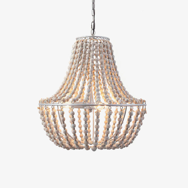 A basket shaped chandelier of pale wooden bead strands curving from rim to base