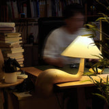 Wood desk lamp lit at a writing desk in a room lined with books