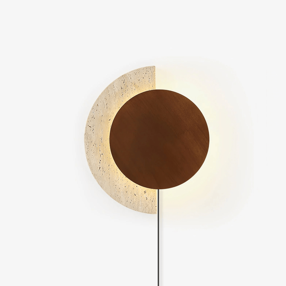 Wood plug in wall sconce, a walnut disc over a travertine crescent