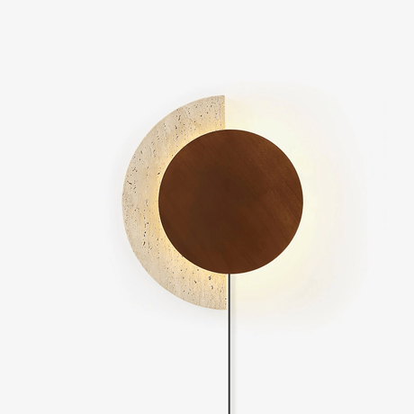 Wood plug in wall sconce, a walnut disc over a travertine crescent