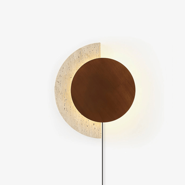 Wood plug in wall sconce, a walnut disc over a travertine crescent